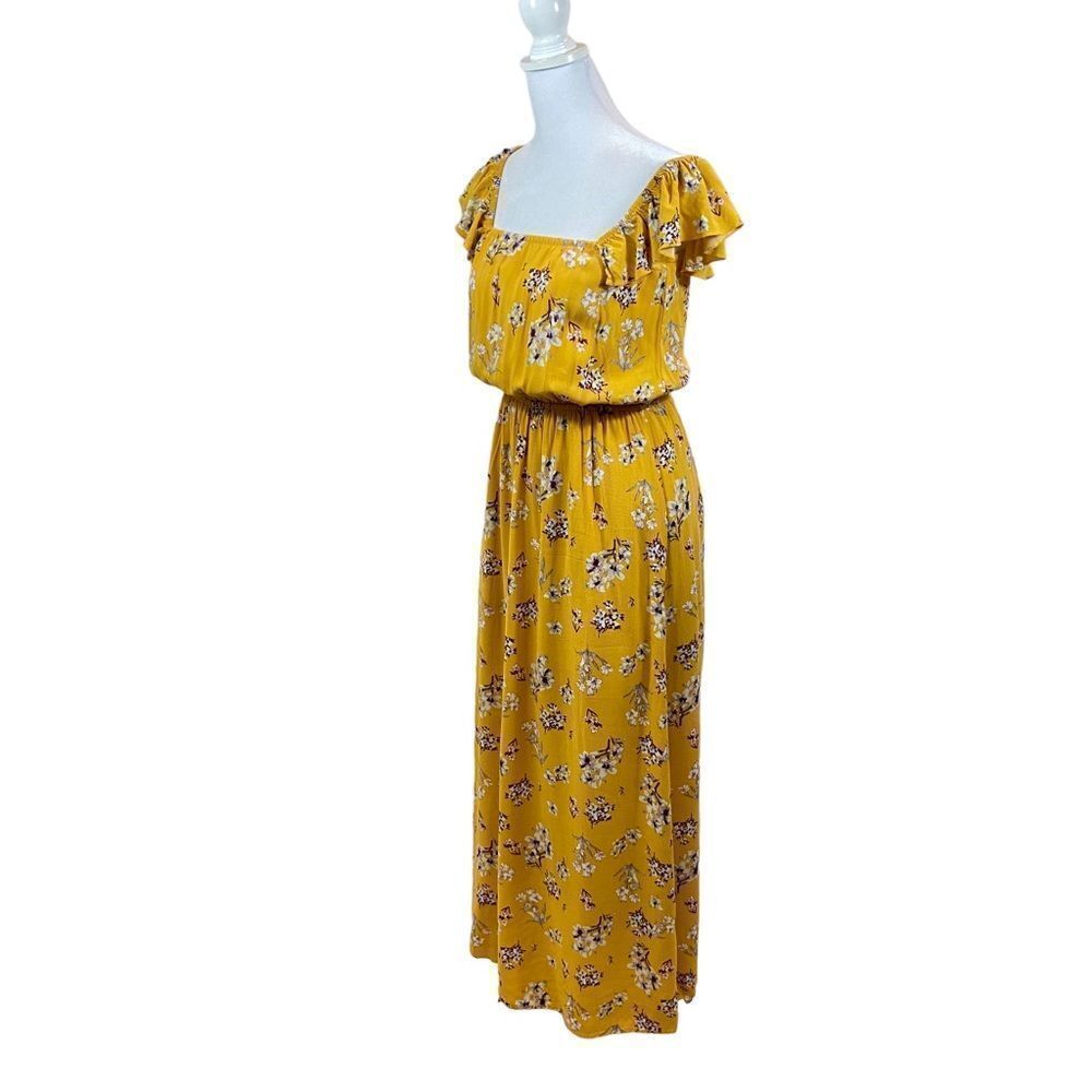 Miami Brand Mustard Floral Maxi Dress Square Neckline Ruffle Sleeves Size Small